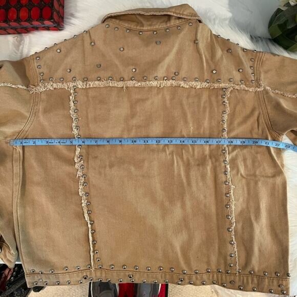 NEW APA Denim Studded Boyfriend Frayed Trucker Oversized Utility Jacket Khaki … - Picture 9 of 11